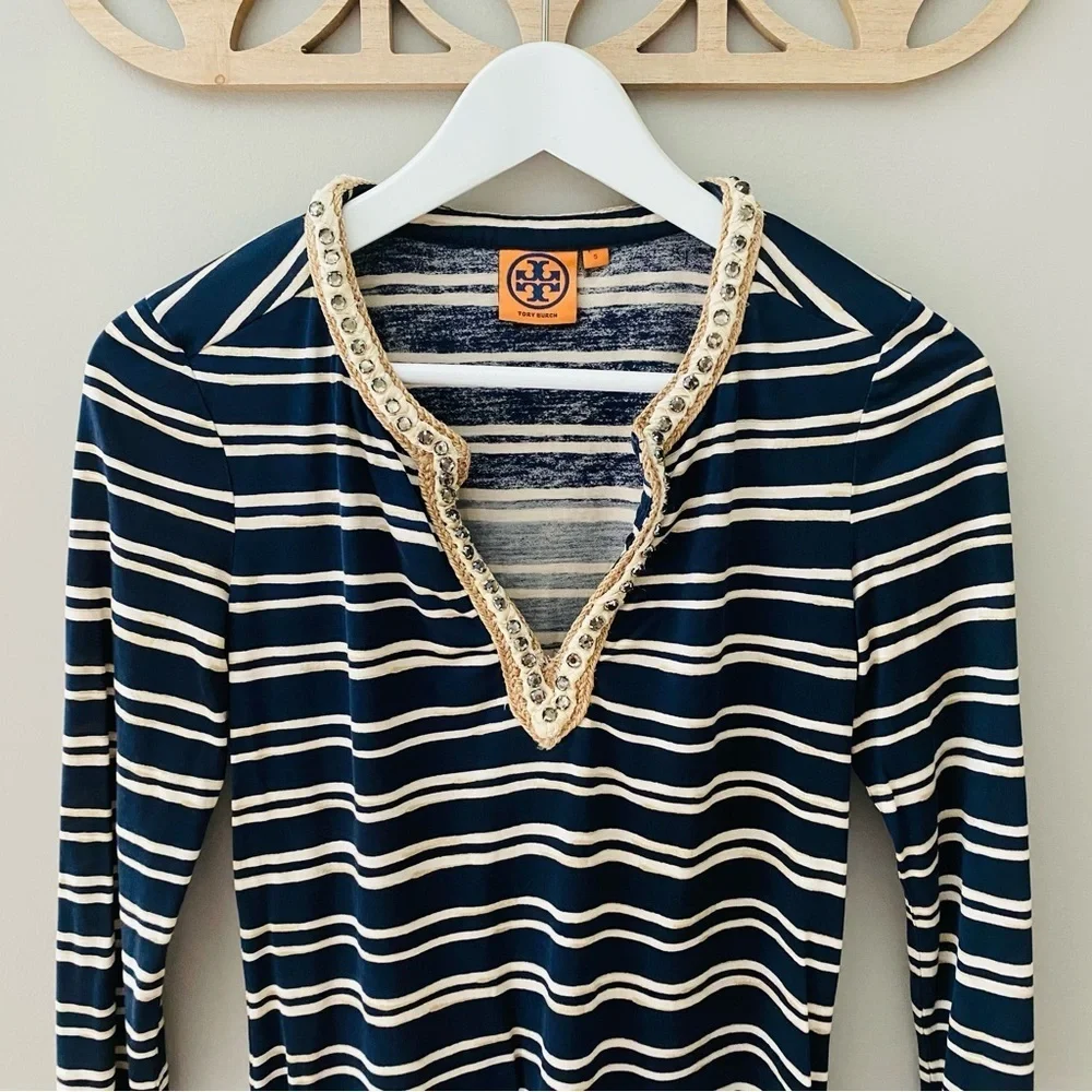 Tory Burch Striped V-Neck Top Navy Blue/Cream Sz Small